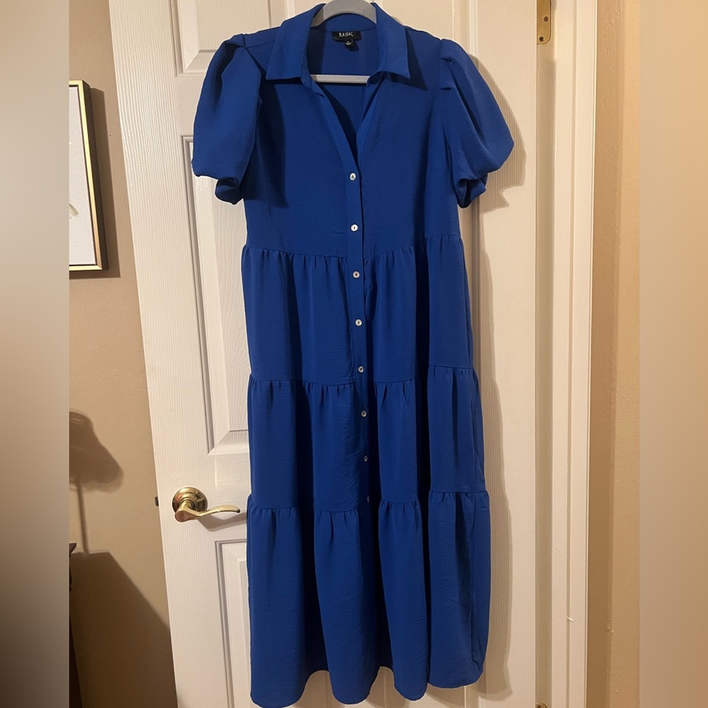 NWOT MSK Short Puff Sleeve Button Down Tiered Bright Blue Maxi Dress Size Small
